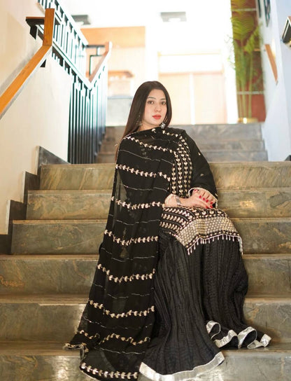 Traditional Wear Black Color Pure Fox Georgette With Heavy Embroidery Sequence Work Sharara Suit