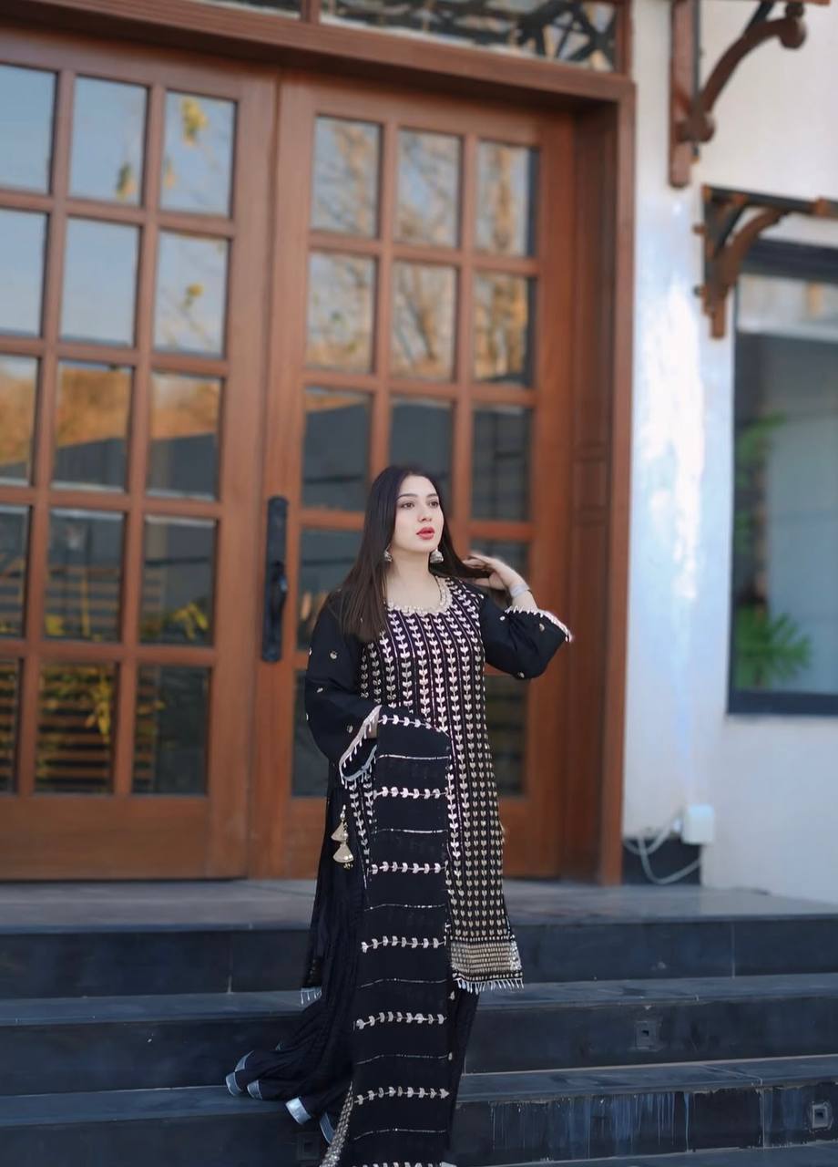 Traditional Wear Black Color Pure Fox Georgette With Heavy Embroidery Sequence Work Sharara Suit