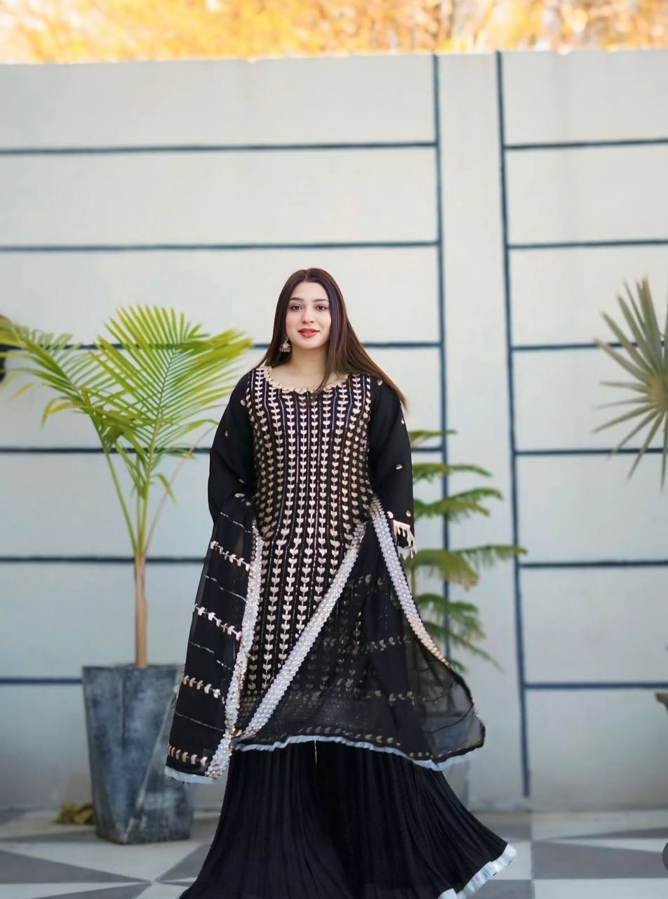 Traditional Wear Black Color Pure Fox Georgette With Heavy Embroidery Sequence Work Sharara Suit