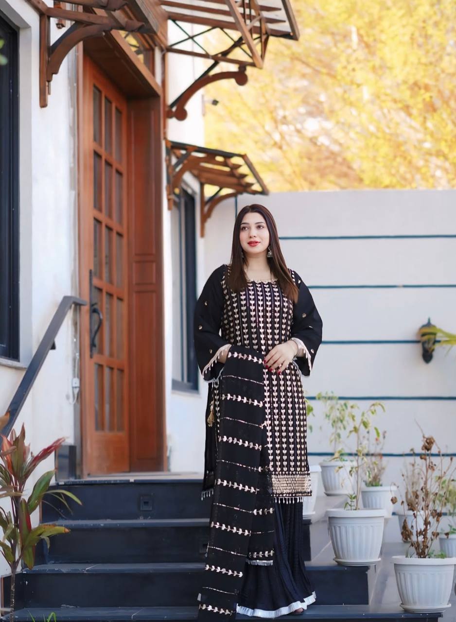 Traditional Wear Black Color Pure Fox Georgette With Heavy Embroidery Sequence Work Sharara Suit
