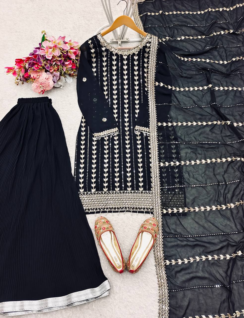Traditional Wear Black Color Pure Fox Georgette With Heavy Embroidery Sequence Work Sharara Suit