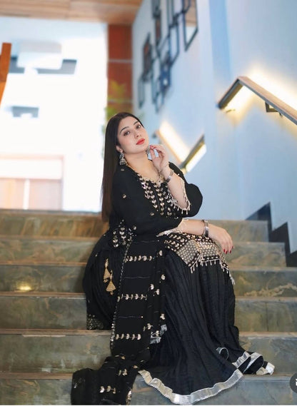 Traditional Wear Black Color Pure Fox Georgette With Heavy Embroidery Sequence Work Sharara Suit