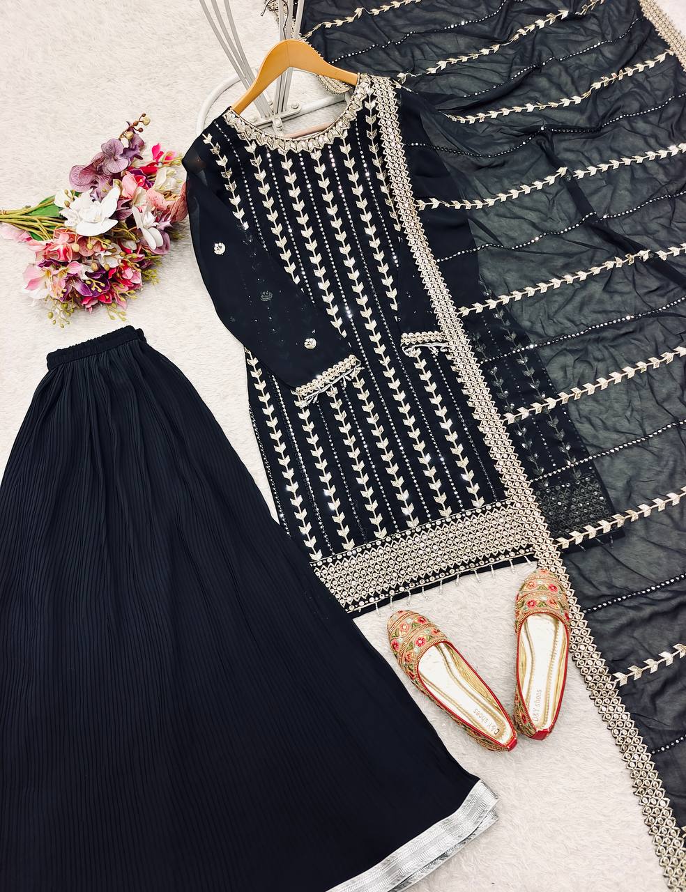 Traditional Wear Black Color Pure Fox Georgette With Heavy Embroidery Sequence Work Sharara Suit