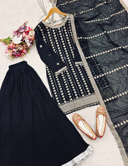 Traditional Wear Black Color Pure Fox Georgette With Heavy Embroidery Sequence Work Sharara Suit