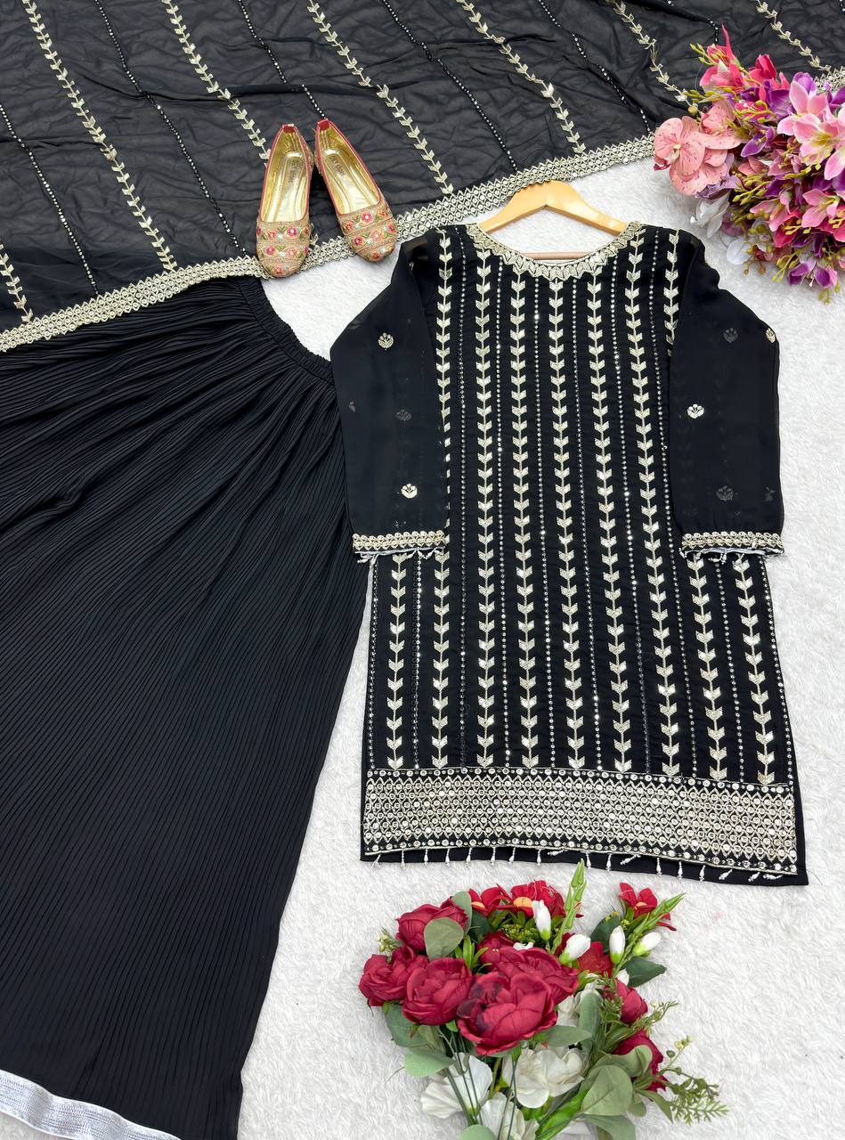 Traditional Wear Black Color Pure Fox Georgette With Heavy Embroidery Sequence Work Sharara Suit