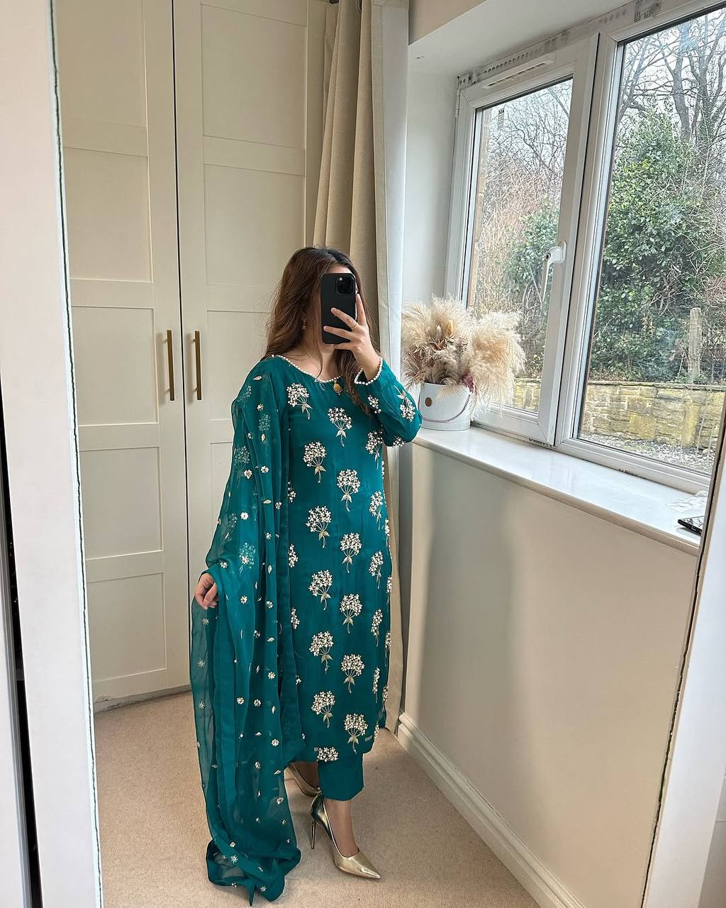 Beautiful Teal Color Heavy Chinon Fabric With Embroidery 5mm Sequence Work Salwar Suit