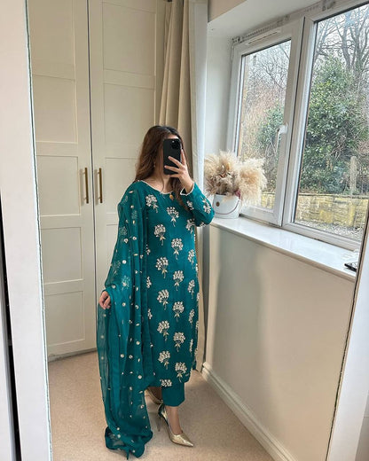 Beautiful Teal Color Heavy Chinon Fabric With Embroidery 5mm Sequence Work Salwar Suit
