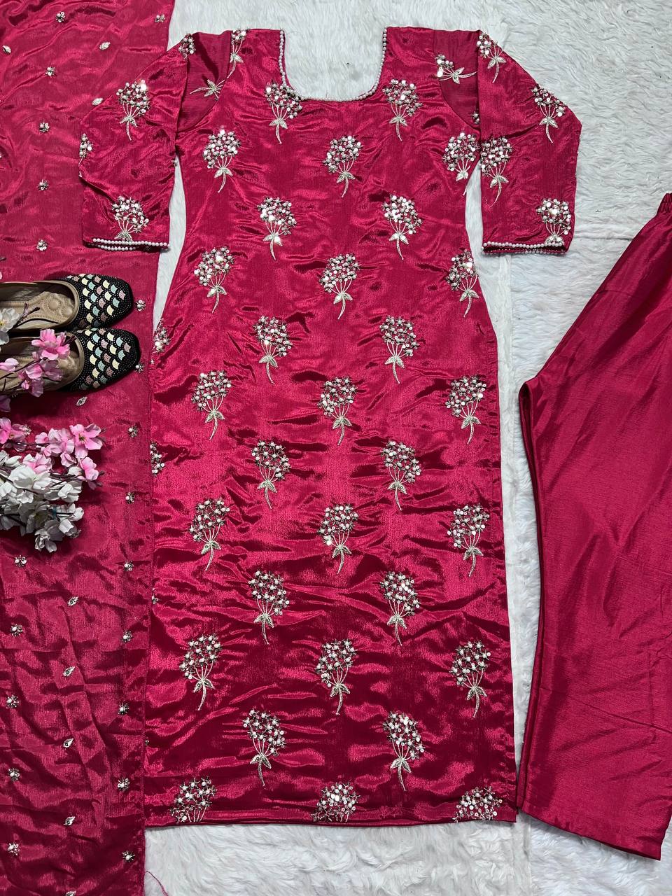 Beautiful Pink Color Heavy Chinon Fabric With Embroidery 5mm Sequence Work Salwar Suit
