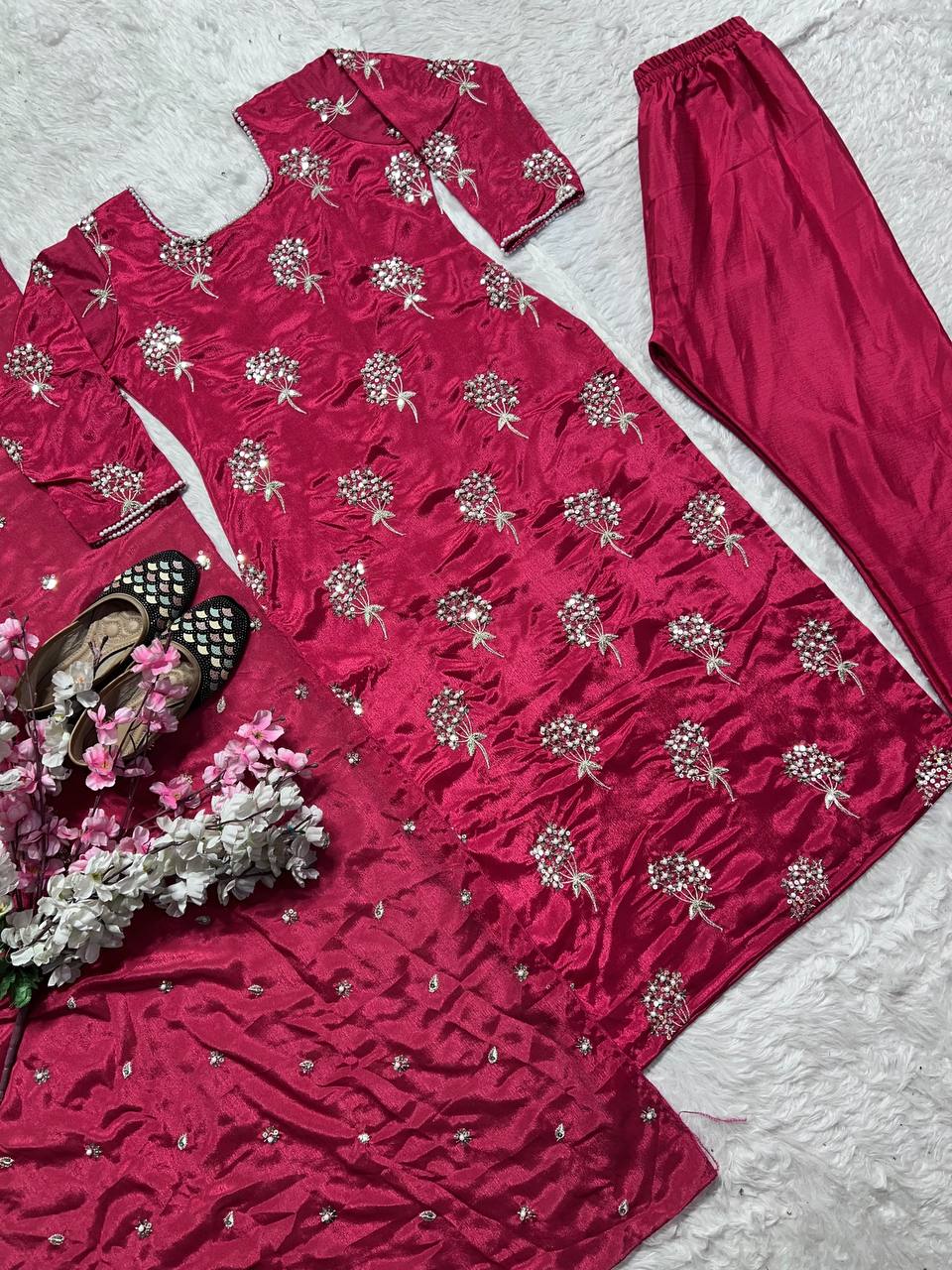 Beautiful Pink Color Heavy Chinon Fabric With Embroidery 5mm Sequence Work Salwar Suit