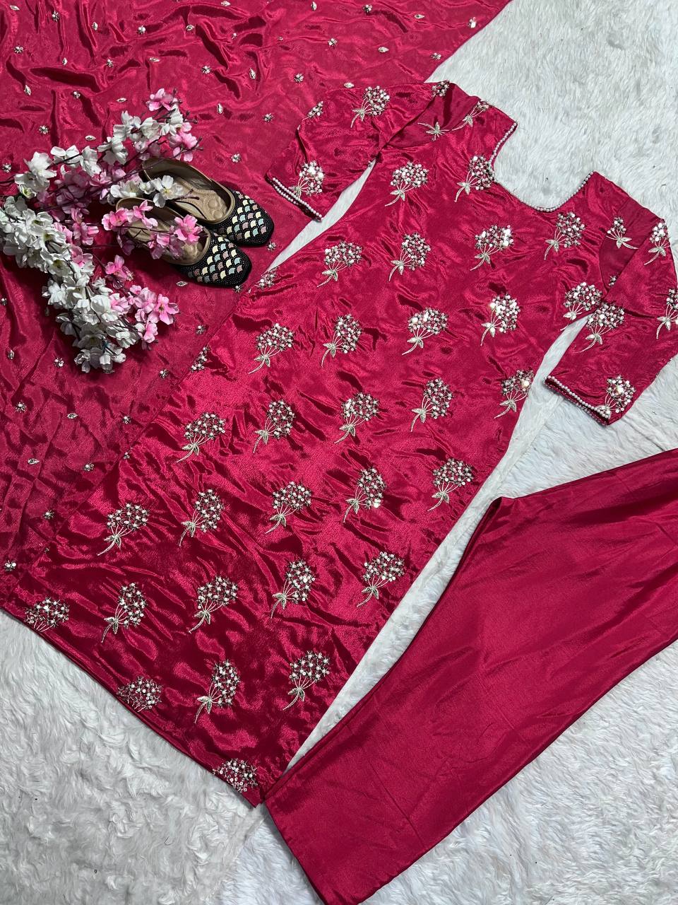 Beautiful Pink Color Heavy Chinon Fabric With Embroidery 5mm Sequence Work Salwar Suit