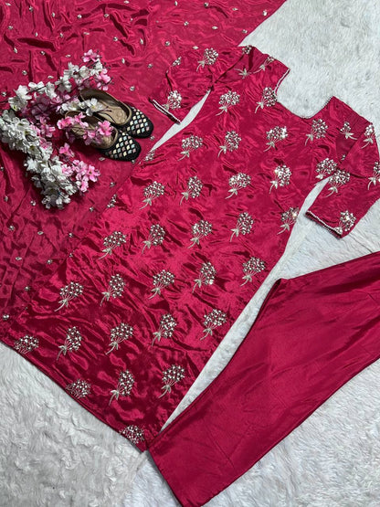 Beautiful Pink Color Heavy Chinon Fabric With Embroidery 5mm Sequence Work Salwar Suit