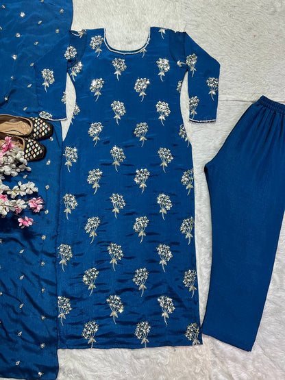 Beautiful Blue Color Heavy Chinon Fabric With Embroidery 5mm Sequence Work Salwar Suit