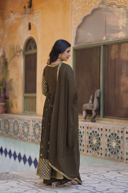 Party Wear Mahendi Green Color Faux Georgette With Embroidered Work Designer Anarkali Suit