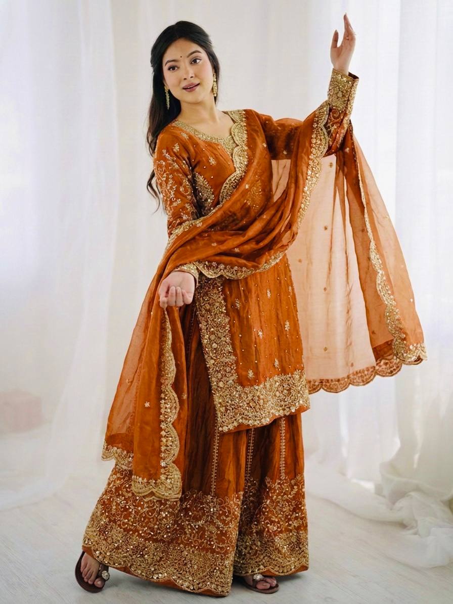 Captivating Orange Color Sequence Embroidered Palazzo Suit With Dupatta