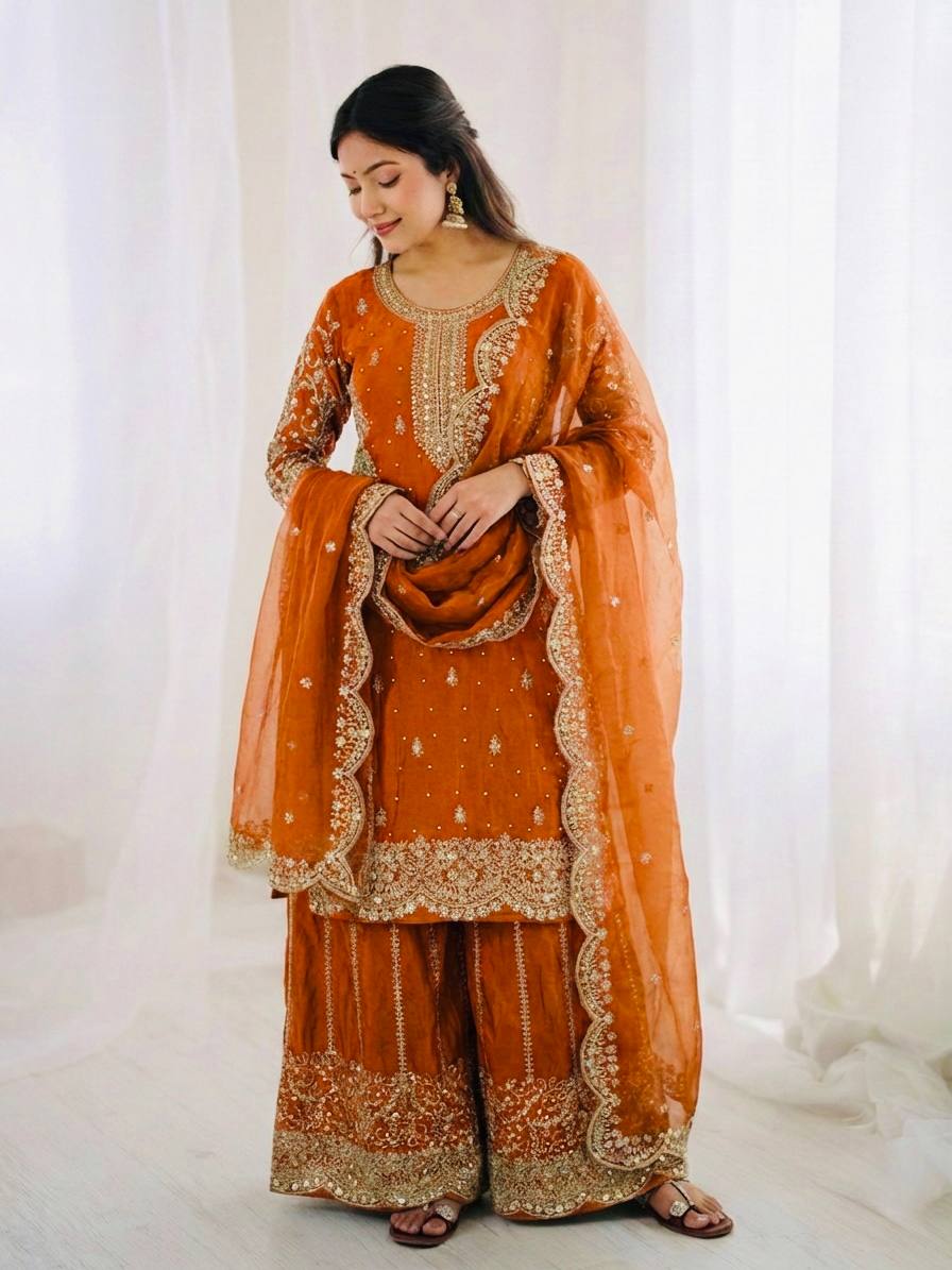 Arti Chauhan Wear Fendy Silk Orange Color Palazzo Suit Set