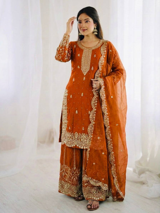 Captivating Orange Color Sequence Embroidered Palazzo Suit With Dupatta