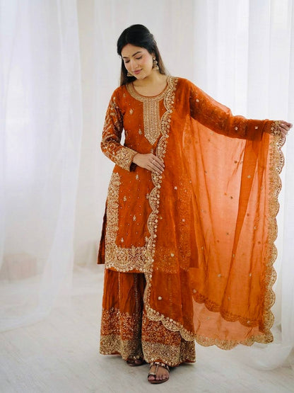 Captivating Orange Color Sequence Embroidered Palazzo Suit With Dupatta