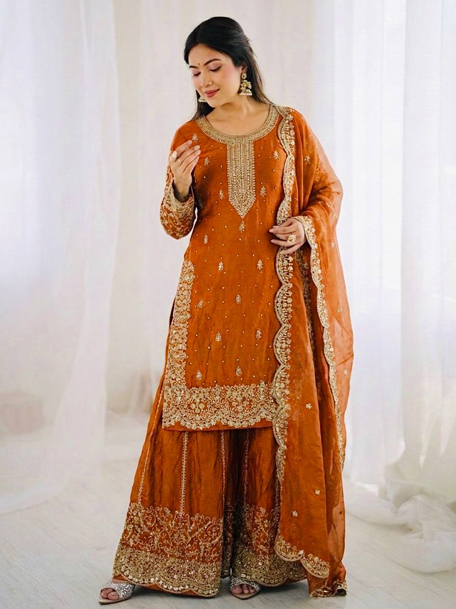 Arti Chauhan Wear Fendy Silk Orange Color Palazzo Suit Set