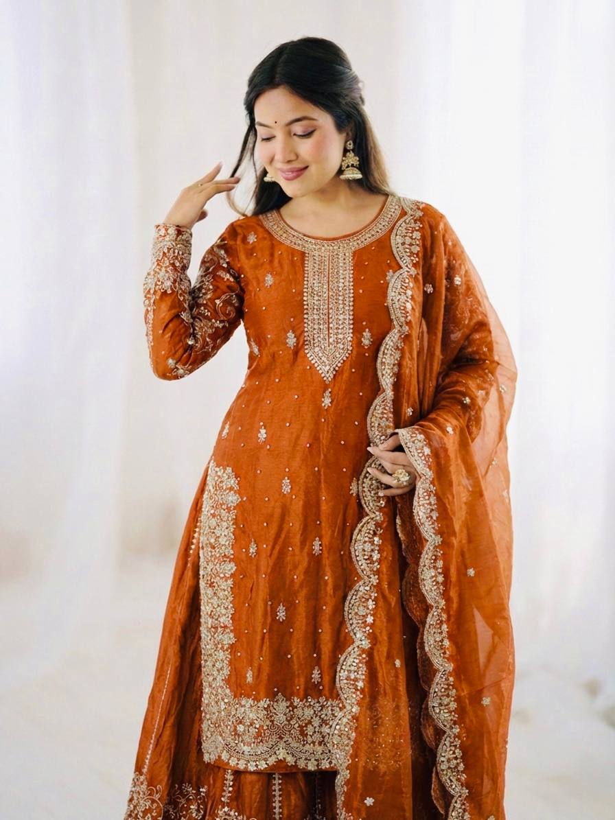 Arti Chauhan Wear Fendy Silk Orange Color Palazzo Suit Set