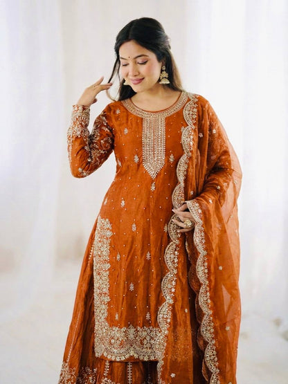 Captivating Orange Color Sequence Embroidered Palazzo Suit With Dupatta