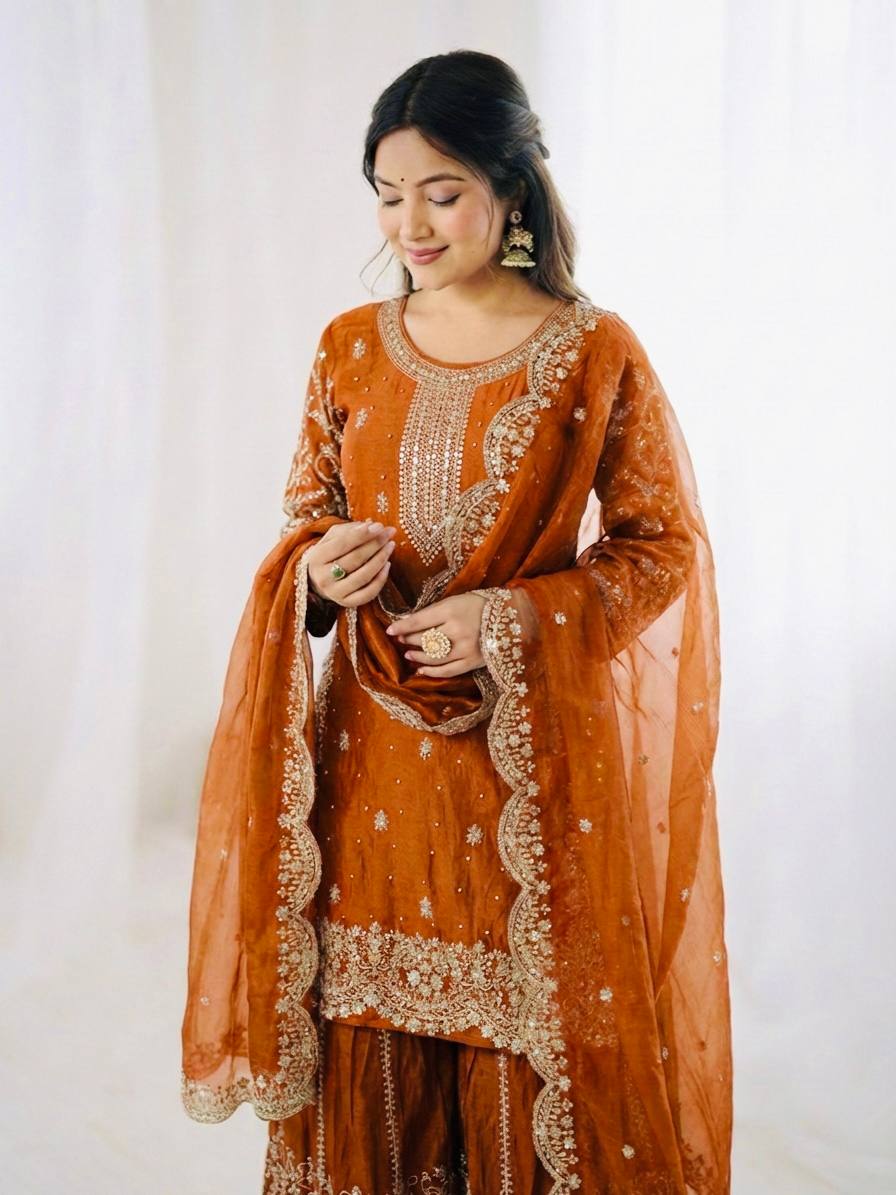 Captivating Orange Color Sequence Embroidered Palazzo Suit With Dupatta