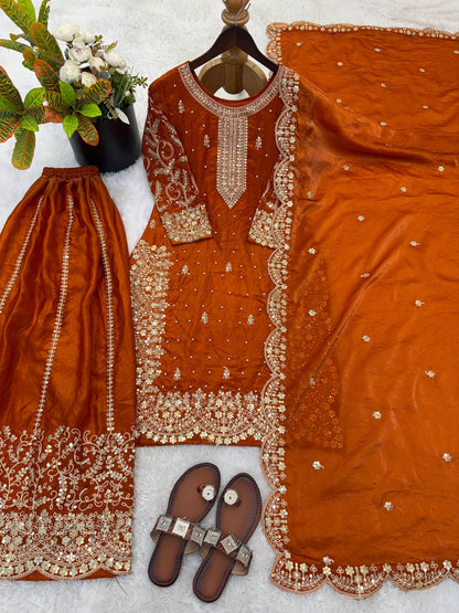 Arti Chauhan Wear Fendy Silk Orange Color Palazzo Suit Set