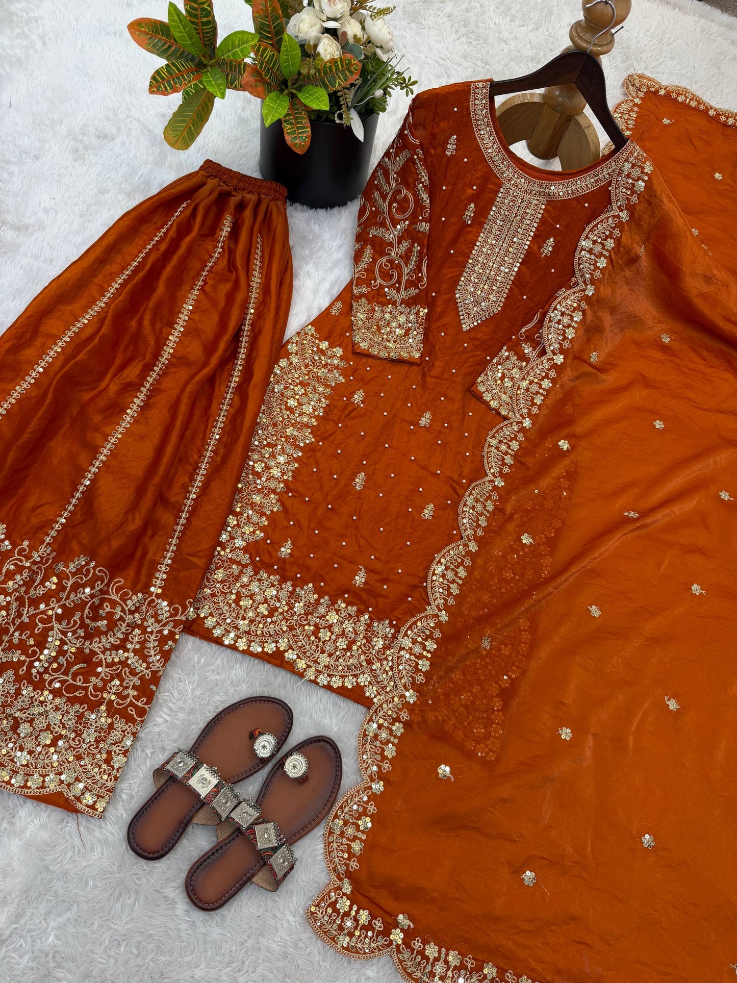 Captivating Orange Color Sequence Embroidered Palazzo Suit With Dupatta