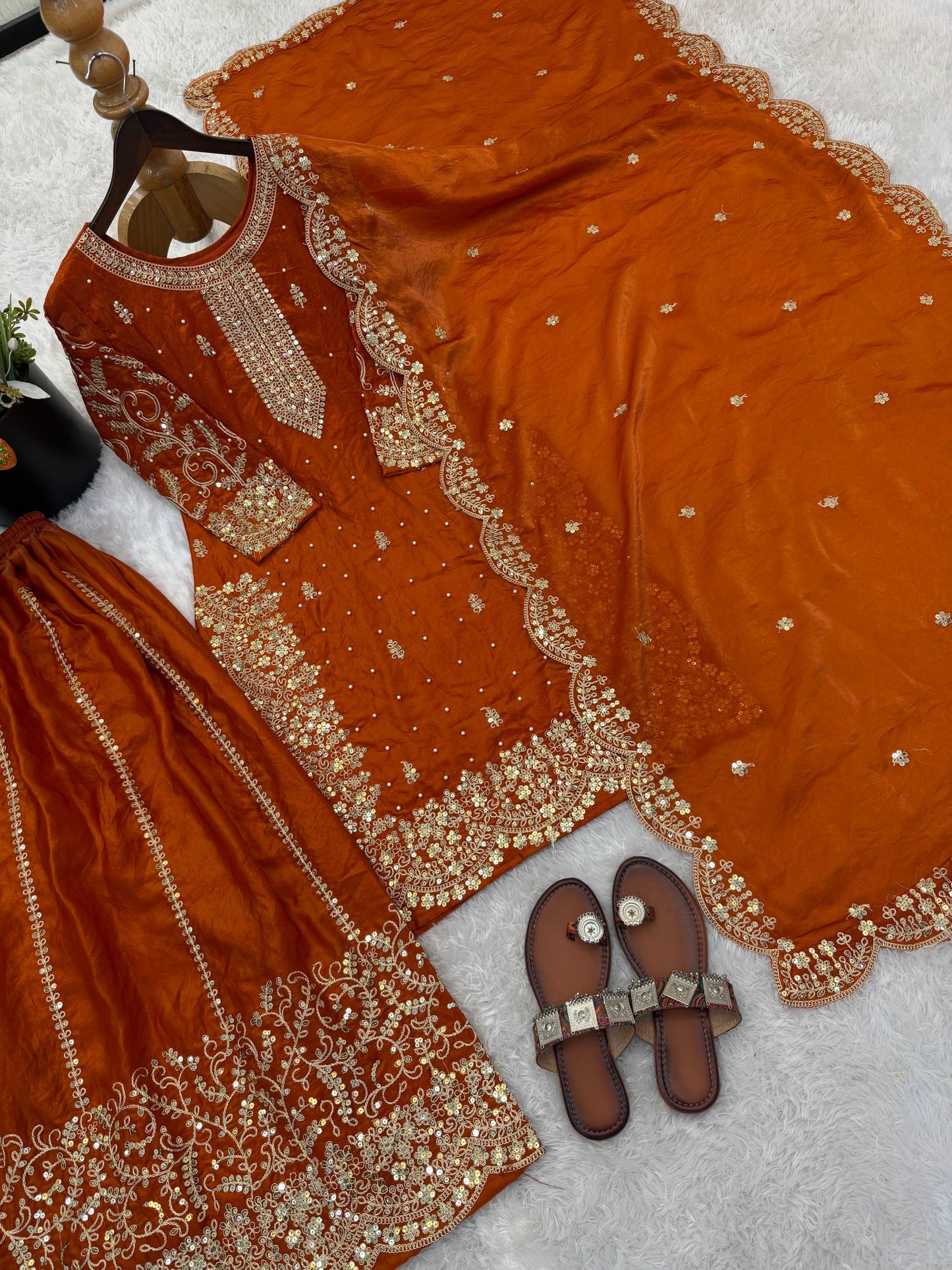 Captivating Orange Color Sequence Embroidered Palazzo Suit With Dupatta