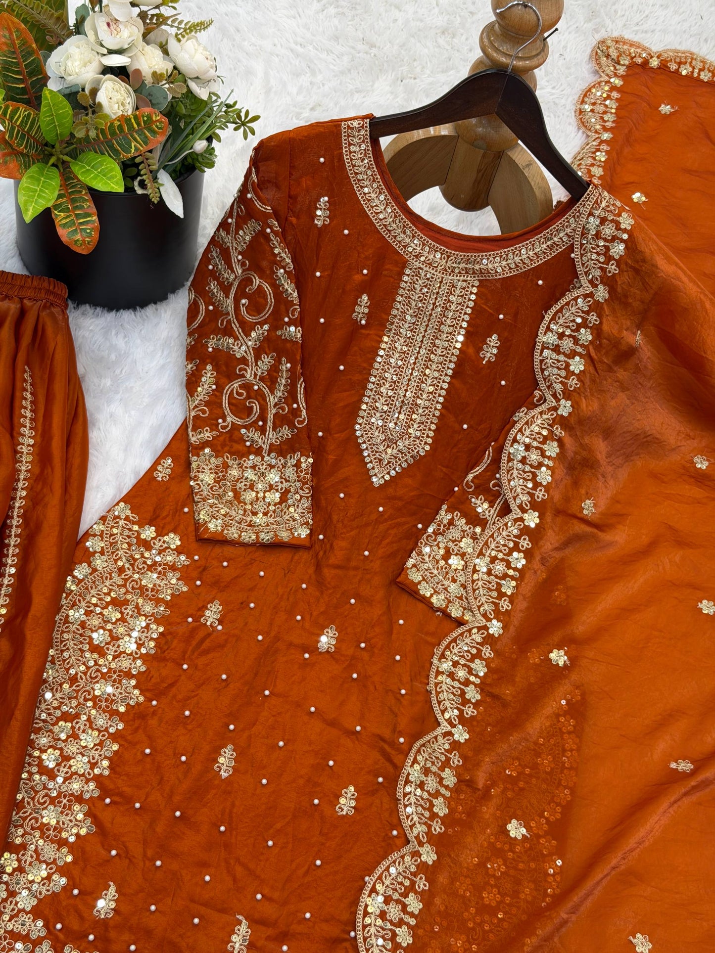 Captivating Orange Color Sequence Embroidered Palazzo Suit With Dupatta