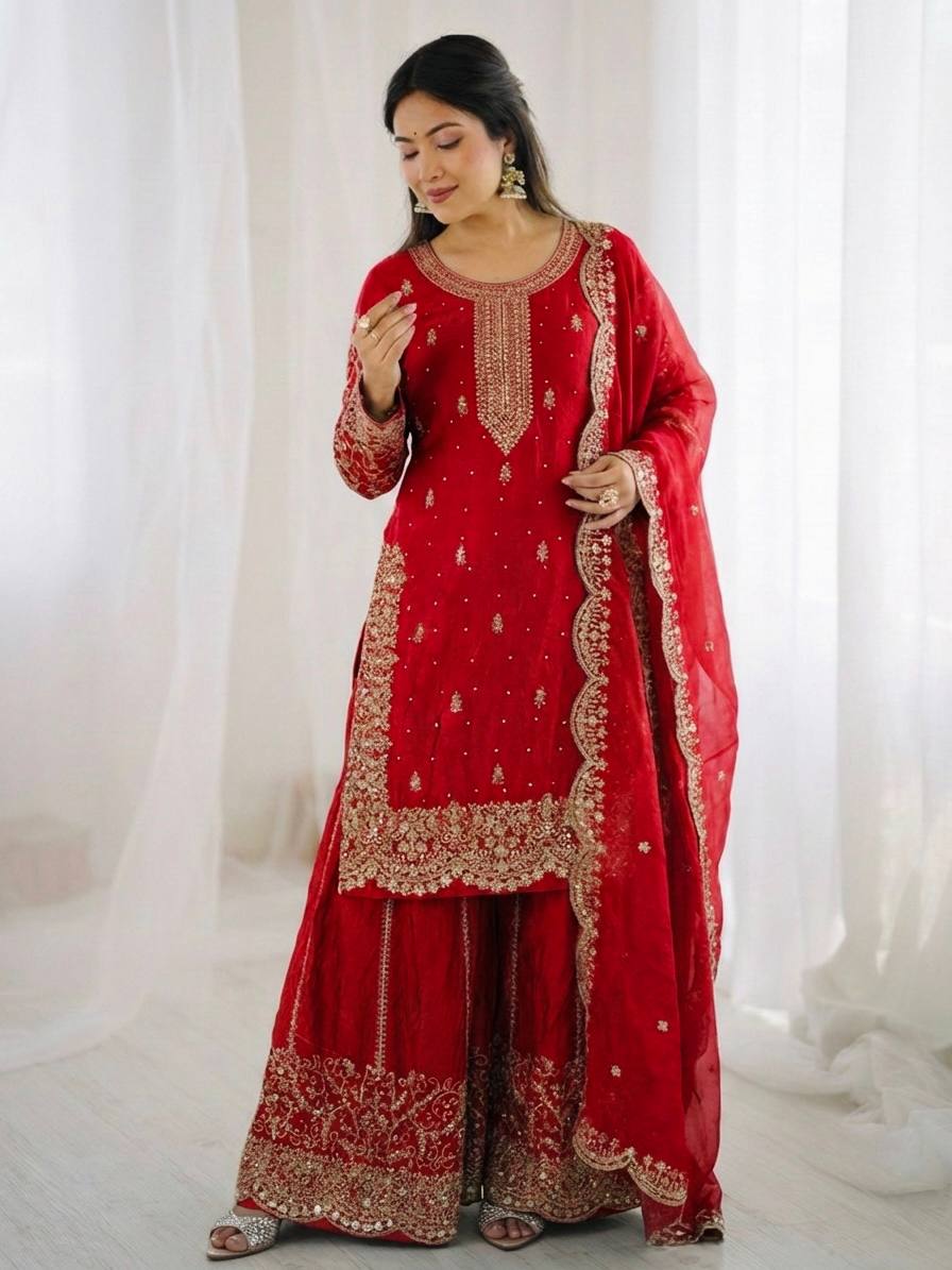 Party Wear Red Color Sequence Embroidered Palazzo Suit With Dupatta