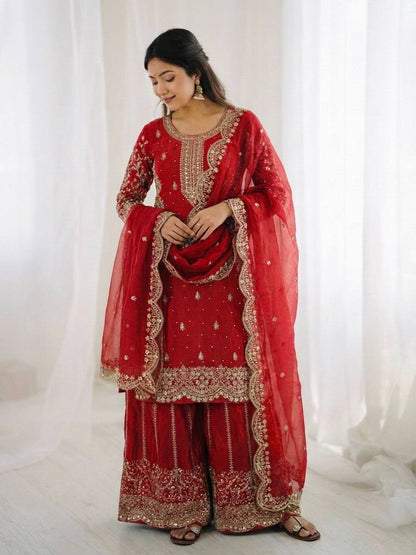 Party Wear Red Color Sequence Embroidered Palazzo Suit With Dupatta