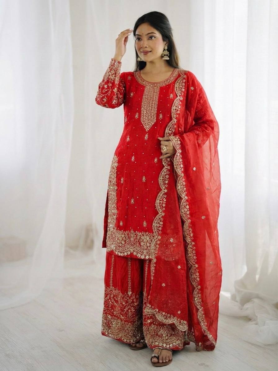 Arti Chauhan Wear Fendy Silk Red Color Palazzo Suit Set