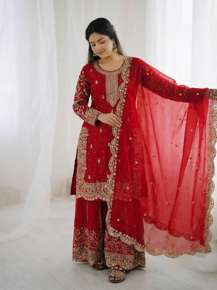 Party Wear Red Color Sequence Embroidered Palazzo Suit With Dupatta