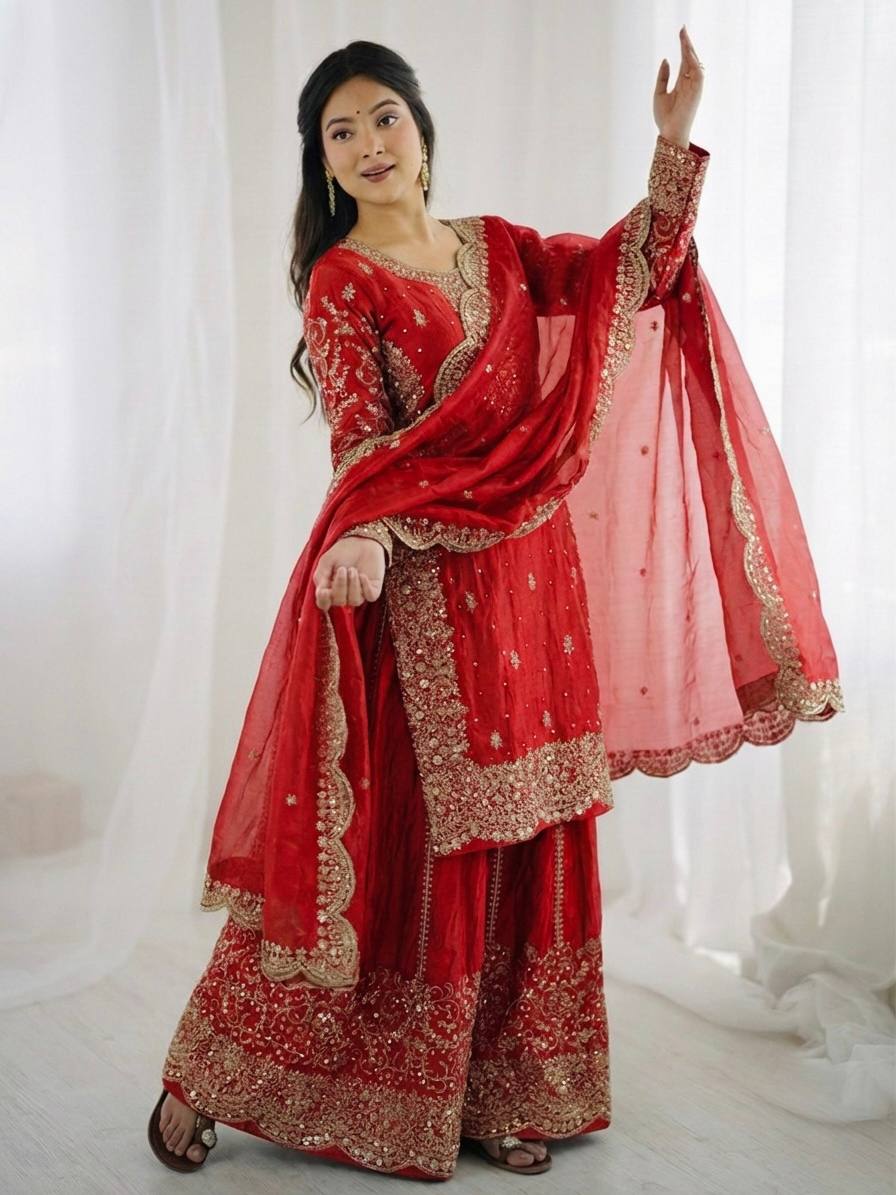 Party Wear Red Color Sequence Embroidered Palazzo Suit With Dupatta