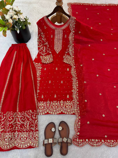 Arti Chauhan Wear Fendy Silk Red Color Palazzo Suit Set