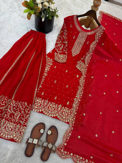 Party Wear Red Color Sequence Embroidered Palazzo Suit With Dupatta