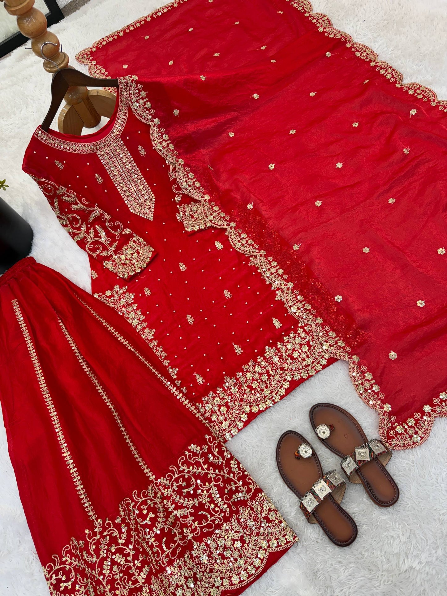 Party Wear Red Color Sequence Embroidered Palazzo Suit With Dupatta