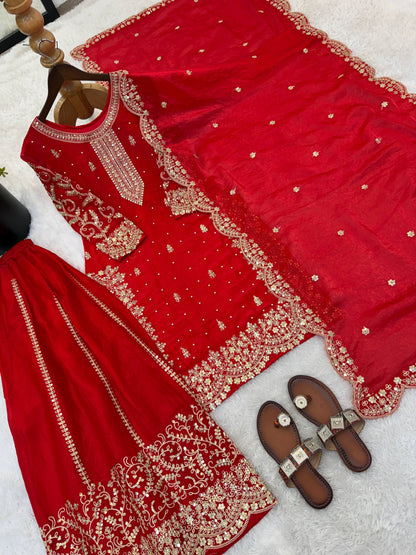 Party Wear Red Color Sequence Embroidered Palazzo Suit With Dupatta