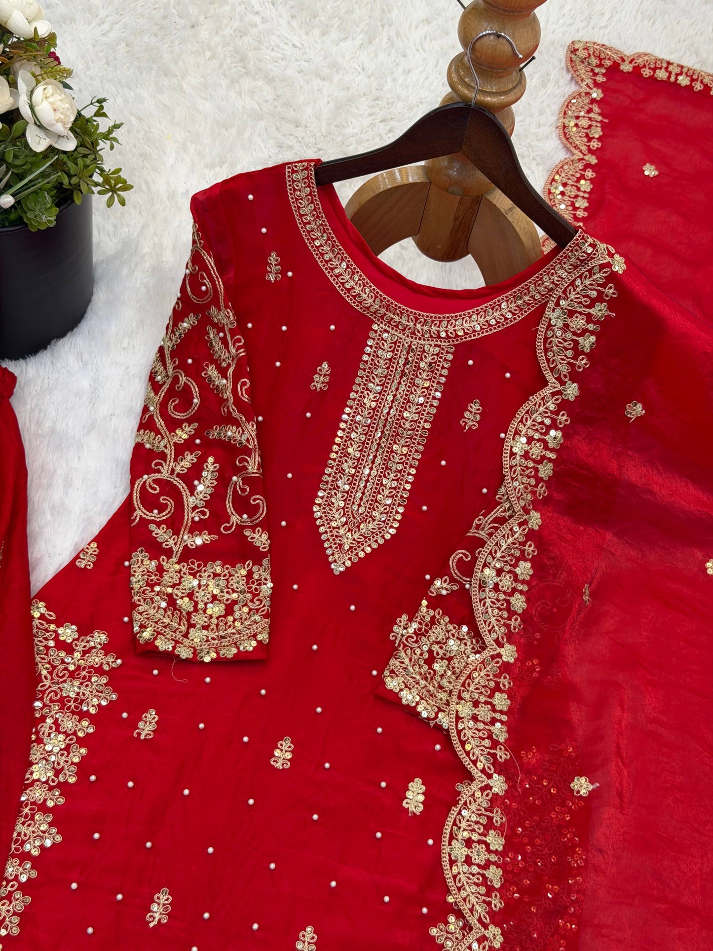 Party Wear Red Color Sequence Embroidered Palazzo Suit With Dupatta