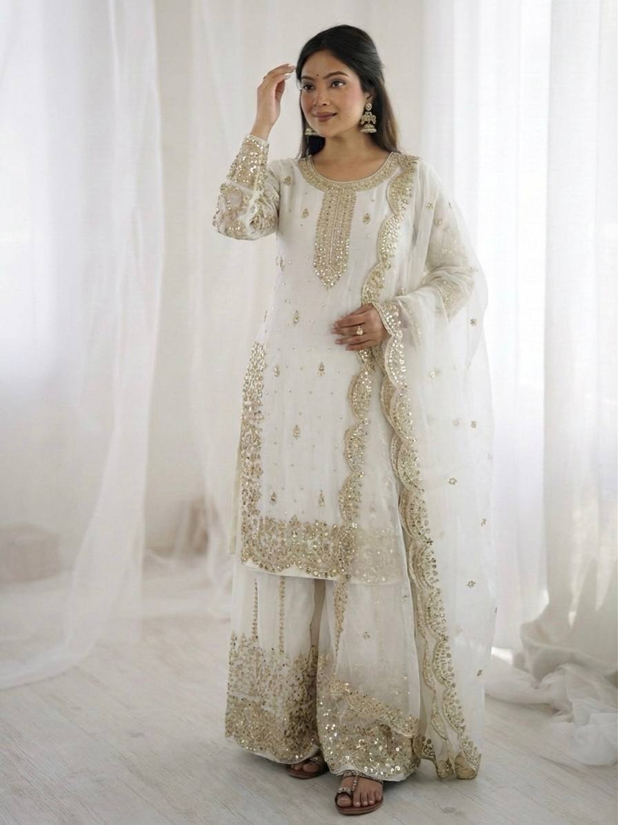 Arti Chauhan Wear Fendy Silk White Color Palazzo Suit Set