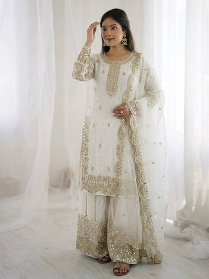 Arti Chauhan Wear Fendy Silk White Color Palazzo Suit Set