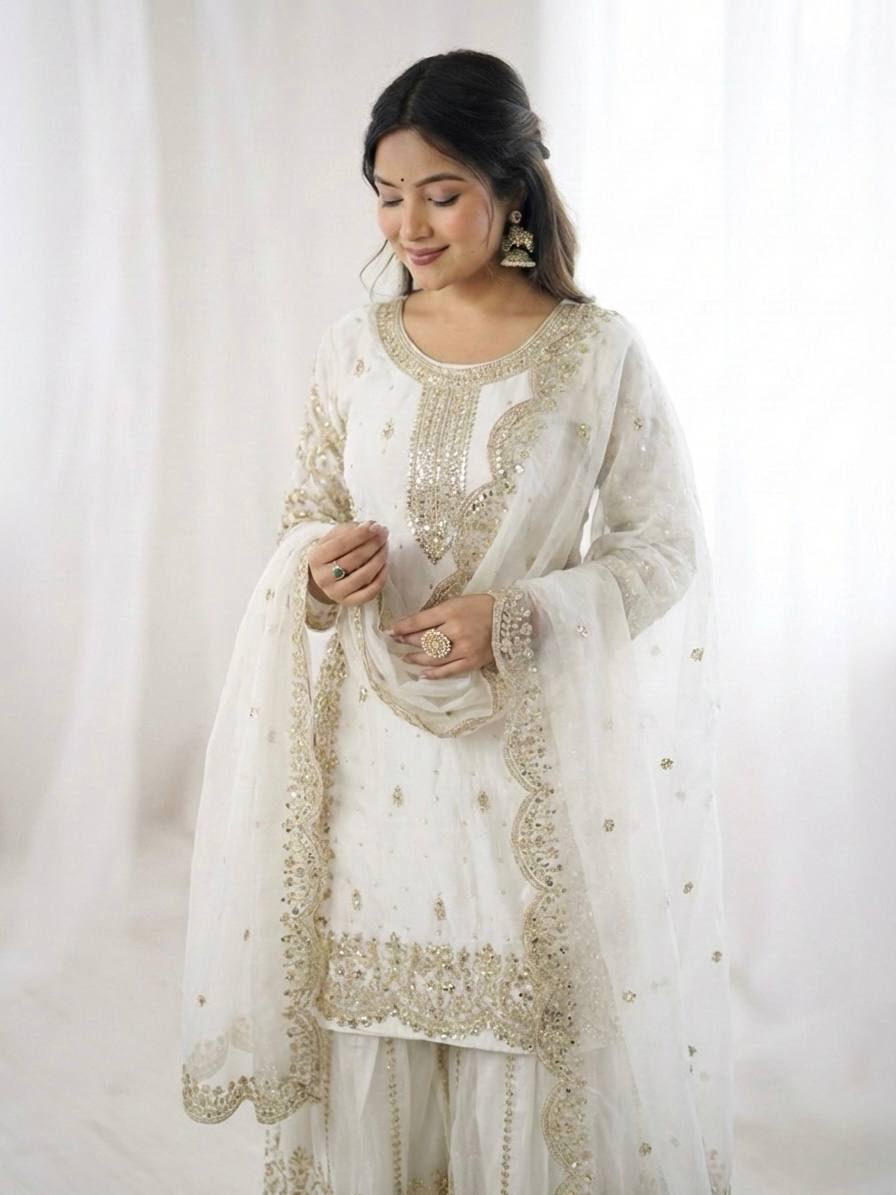 Arti Chauhan Wear Fendy Silk White Color Palazzo Suit Set