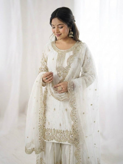 Arti Chauhan Wear Fendy Silk White Color Palazzo Suit Set