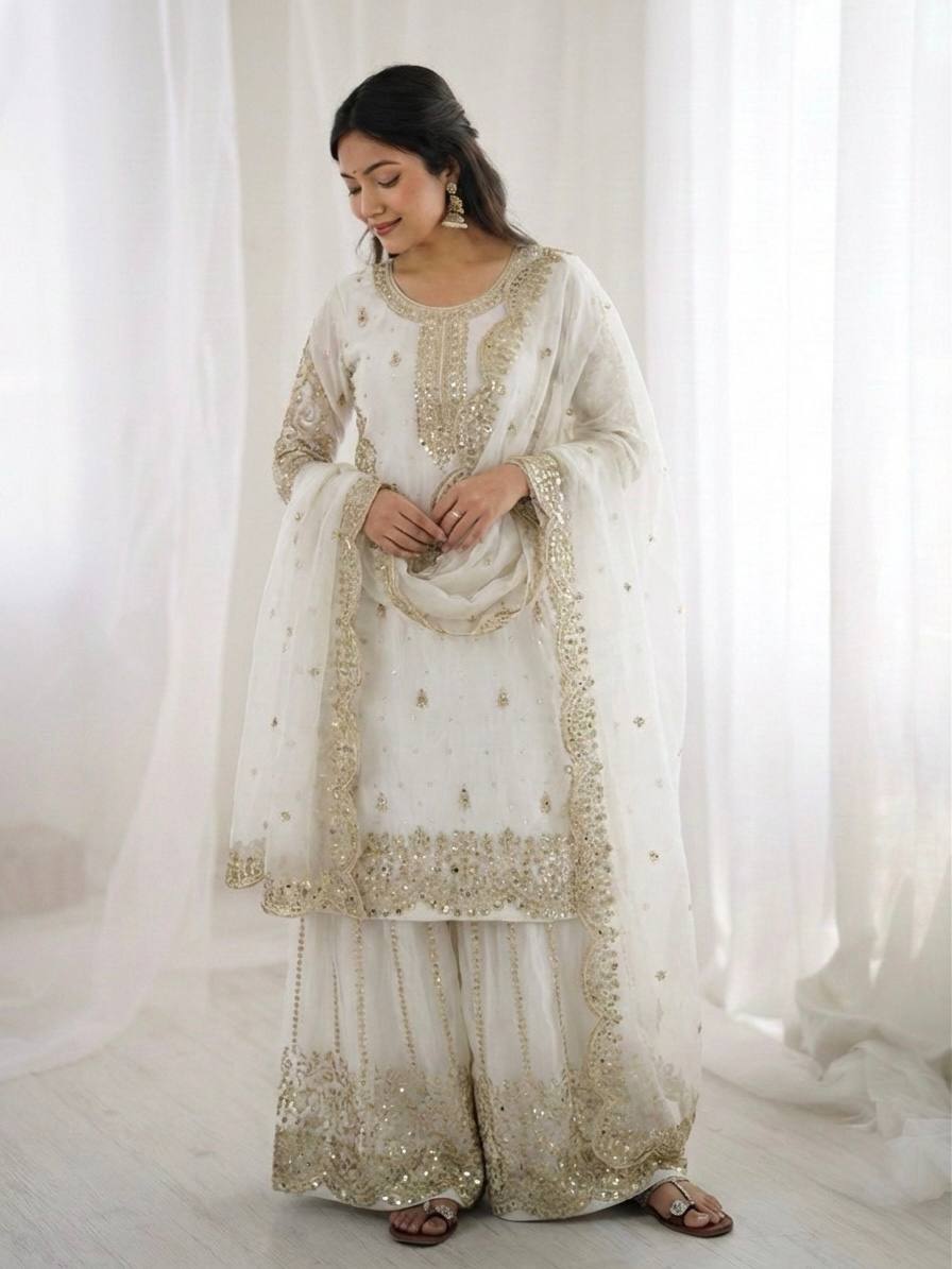 Arti Chauhan Wear Fendy Silk White Color Palazzo Suit Set