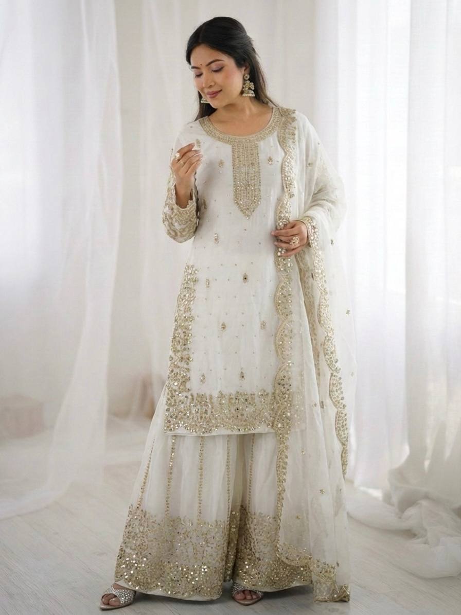 Arti Chauhan Wear Fendy Silk White Color Palazzo Suit Set