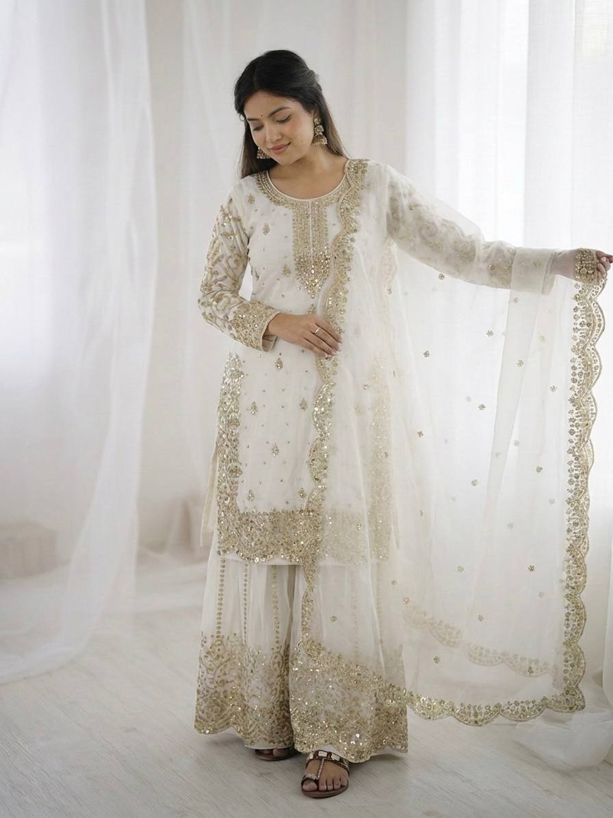 Arti Chauhan Wear Fendy Silk White Color Palazzo Suit Set