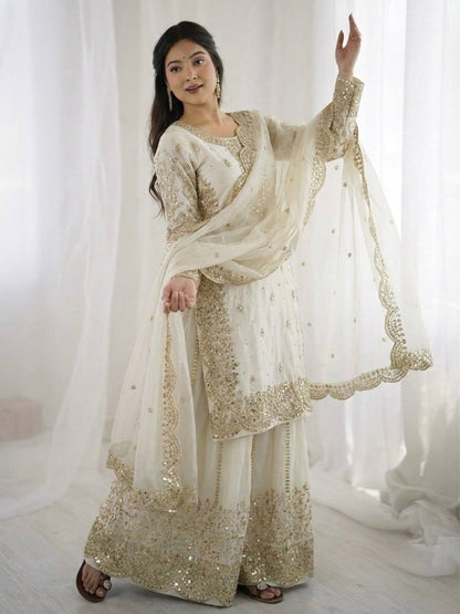 Arti Chauhan Wear Fendy Silk White Color Palazzo Suit Set