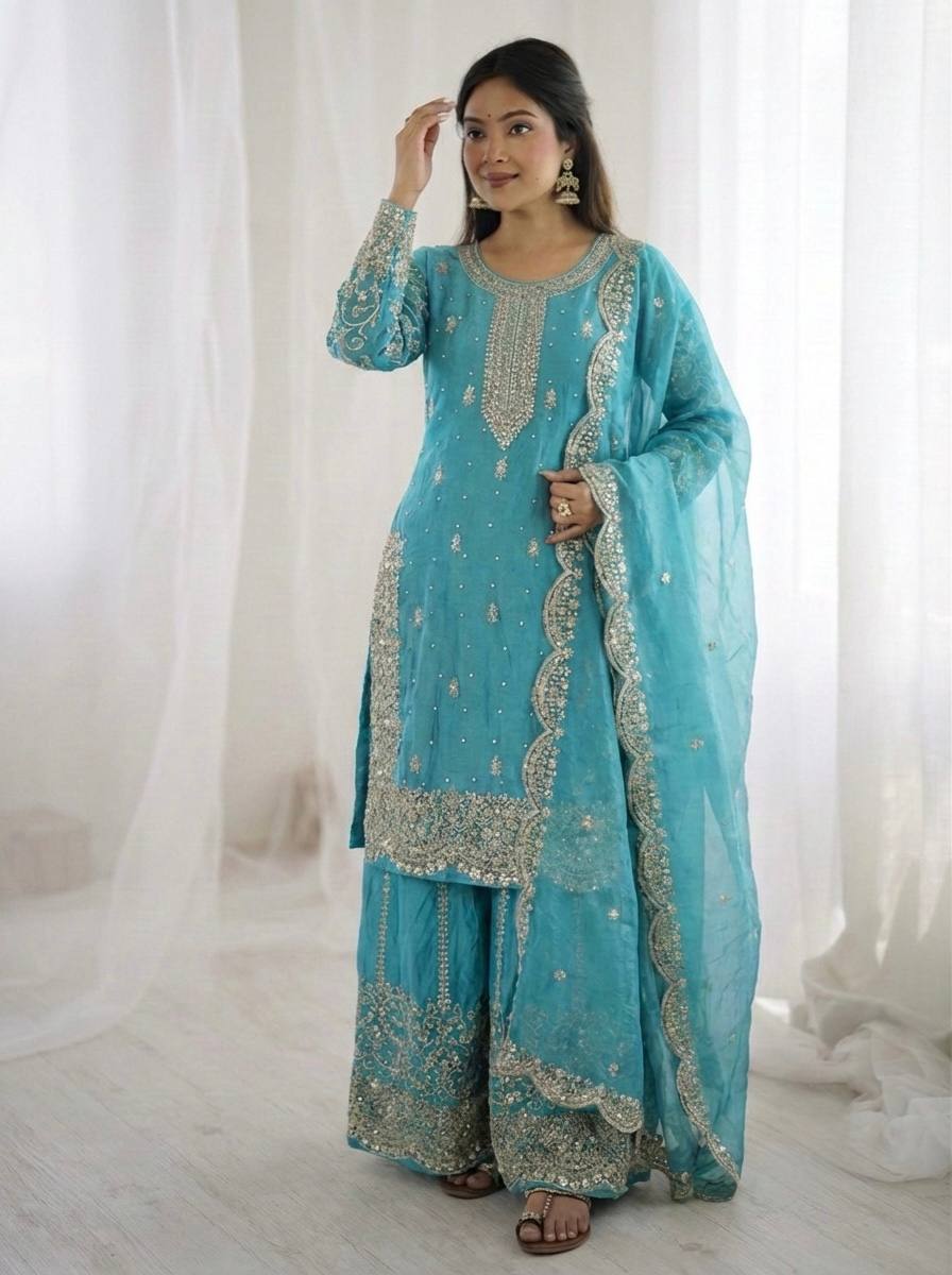 Arti Chauhan Wear Fendy Silk Sky Blue Color Palazzo Suit Set