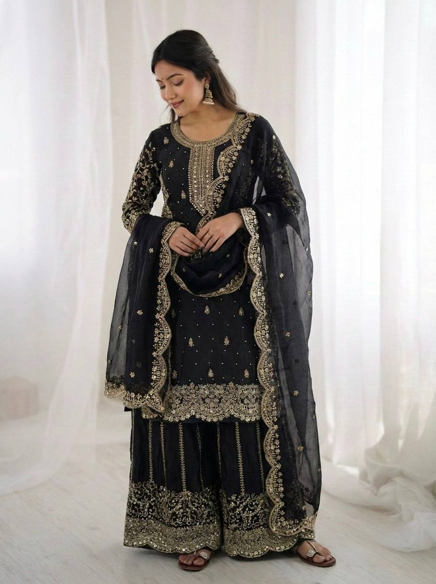 Arti Chauhan Wear Fendy Silk Black Color Palazzo Suit Set