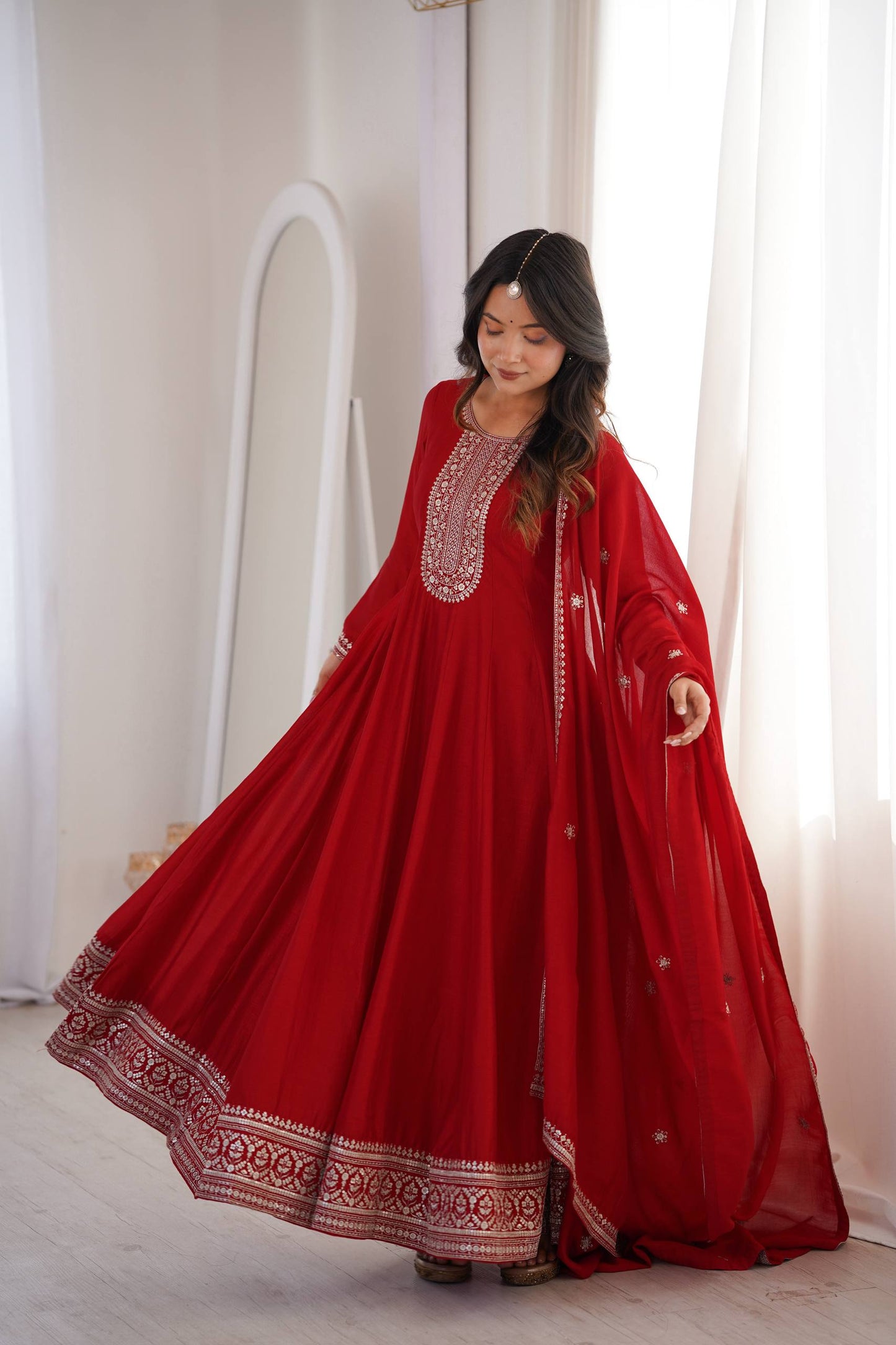 Attrative Red Color Sequence Embroidered Anarkali Gown Set